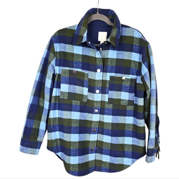 NWT J Joie Plaid Fringe Trim Shacket Button Dwon Jacket Size M Blue Olive - Picture 2 of 12